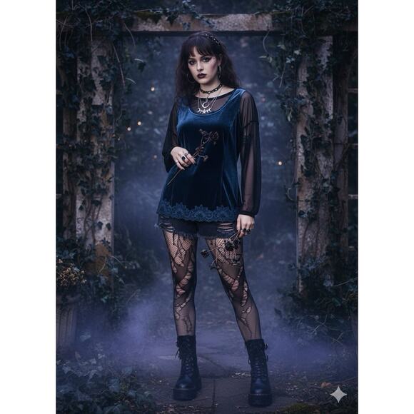 COLDWATER CREEK Dark Green Velvet Lace Trim Cami Tank Top Fairygrunge Vamp Y2K S - Picture 6 of 12